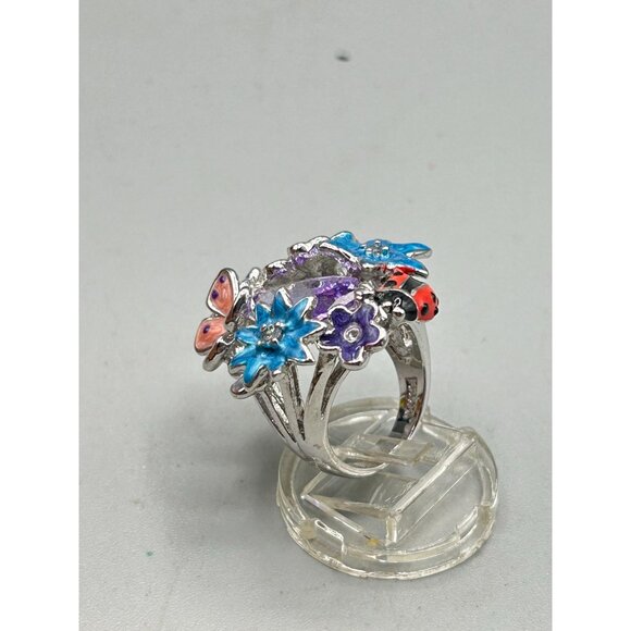 Enamel Flowers & Butterfly Ring Size 7 Silver Tone Cocktail Ring Summer Colorful - Picture 3 of 9